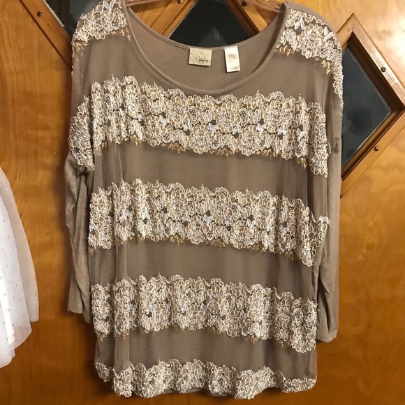 Tan top with sheer front by daytrip. Size L - Picture 5 of 5